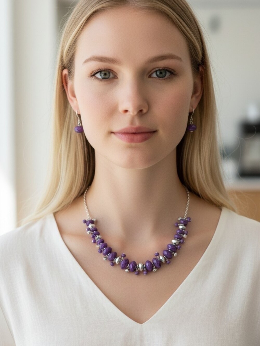 90's/Y2K REVIVAL MULTIFACETED PURPLE GEOMETRIC BEAD NECKLACE & EARRINGS